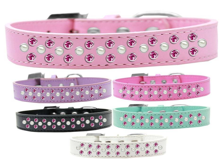 Dog, Puppy & Pet Fashion Collar, "Pearl and Bright Pink Crystal Rimsets Sprinkles"